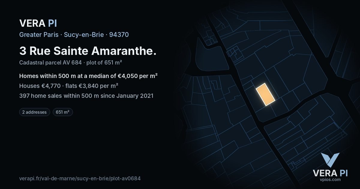 3 Rue Sainte Amaranthe, Sucy-en-Brie at night – the plot lit, the parcels around coloured by the prices near them