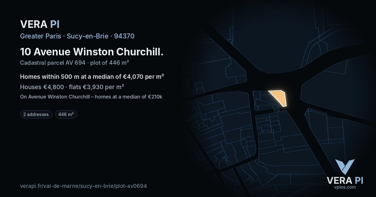 10 Avenue Winston Churchill, Sucy-en-Brie at night – the plot lit, the parcels around coloured by the prices near them