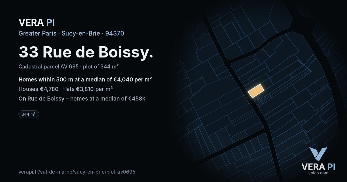 33 Rue de Boissy, Sucy-en-Brie at night – the plot lit, the parcels around coloured by the prices near them