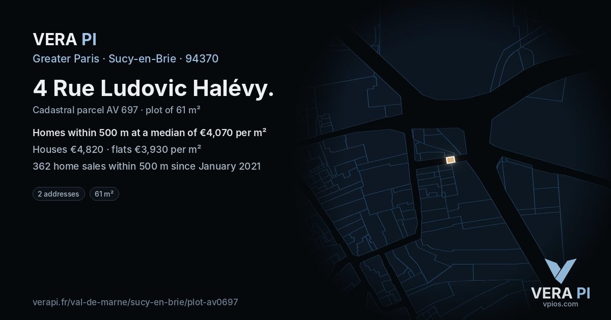 4 Rue Ludovic Halévy, Sucy-en-Brie at night – the plot lit, the parcels around coloured by the prices near them