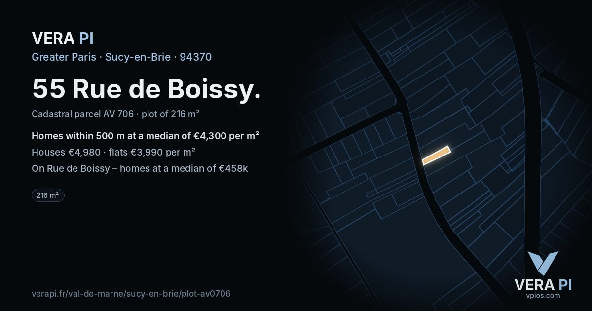 55 Rue de Boissy, Sucy-en-Brie at night – the plot lit, the parcels around coloured by the prices near them