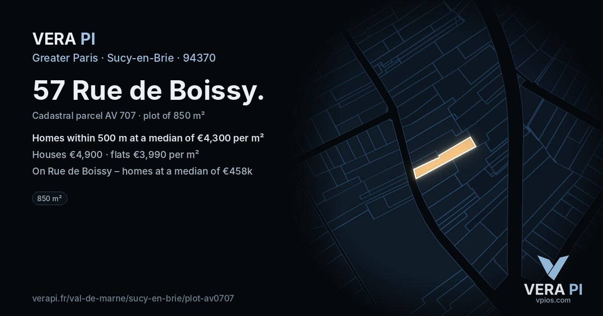 57 Rue de Boissy, Sucy-en-Brie at night – the plot lit, the parcels around coloured by the prices near them