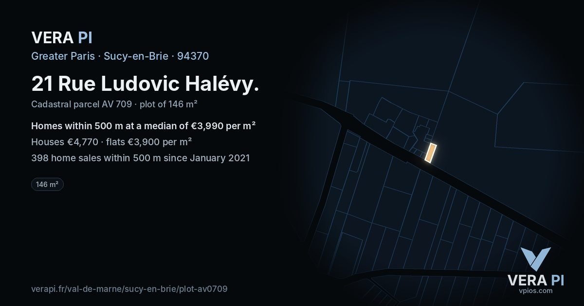 21 Rue Ludovic Halévy, Sucy-en-Brie at night – the plot lit, the parcels around coloured by the prices near them