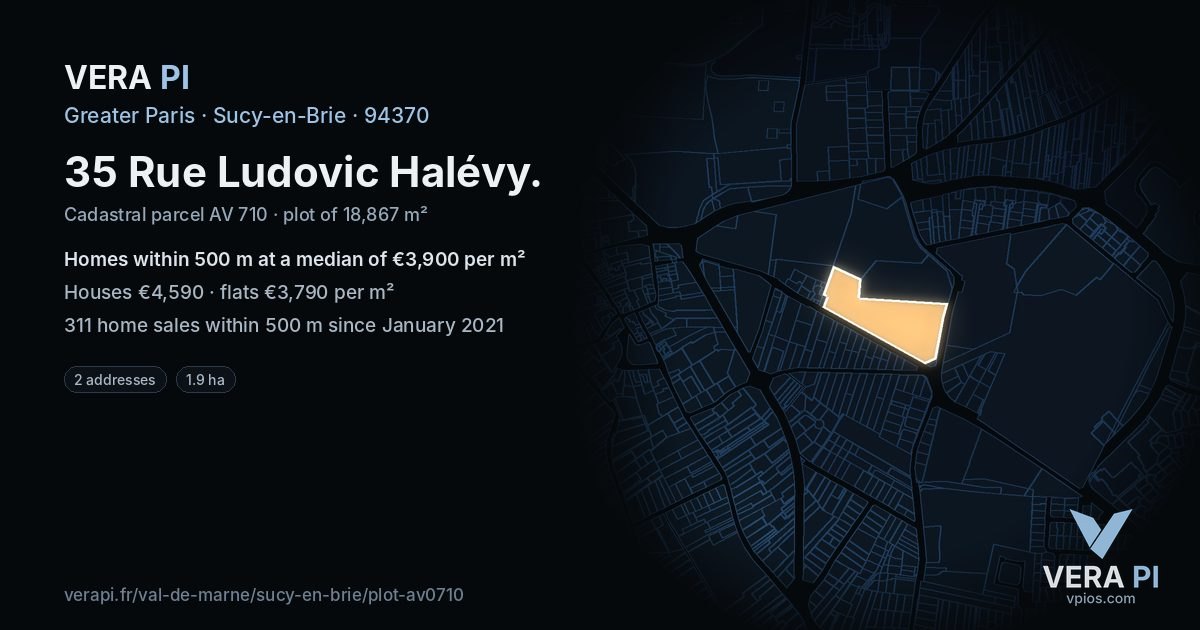 35 Rue Ludovic Halévy, Sucy-en-Brie at night – the plot lit, the parcels around coloured by the prices near them