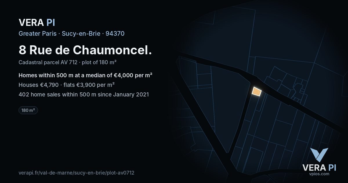 8 Rue de Chaumoncel, Sucy-en-Brie at night – the plot lit, the parcels around coloured by the prices near them