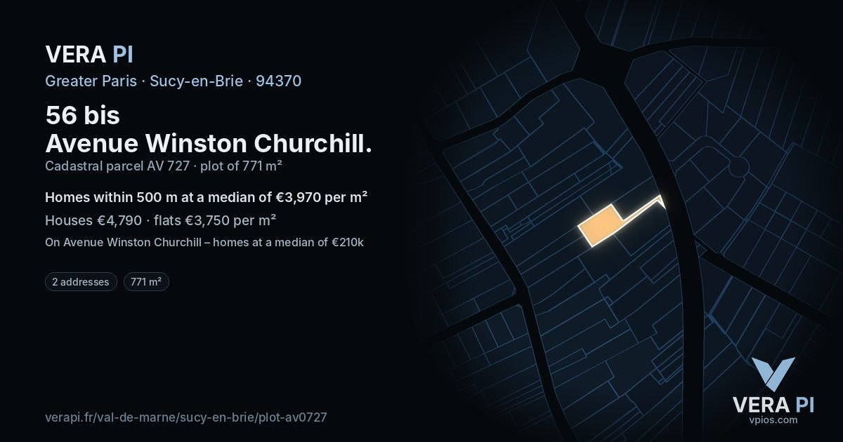 56 bis Avenue Winston Churchill, Sucy-en-Brie at night – the plot lit, the parcels around coloured by the prices near them