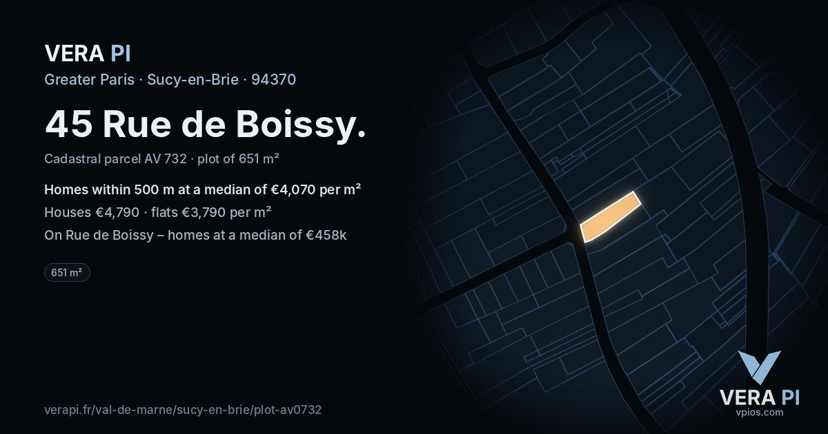 45 Rue de Boissy, Sucy-en-Brie at night – the plot lit, the parcels around coloured by the prices near them