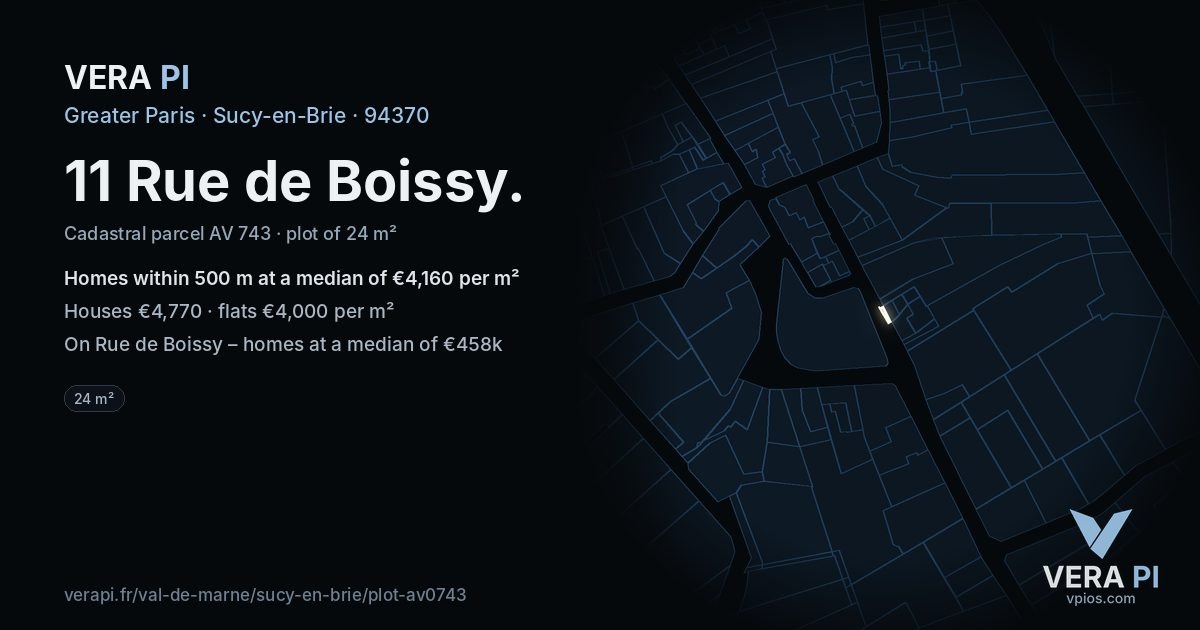 11 Rue de Boissy, Sucy-en-Brie at night – the plot lit, the parcels around coloured by the prices near them