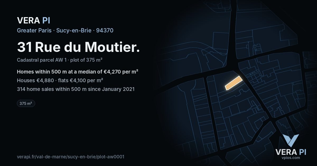 31 Rue du Moutier, Sucy-en-Brie at night – the plot lit, the parcels around coloured by the prices near them