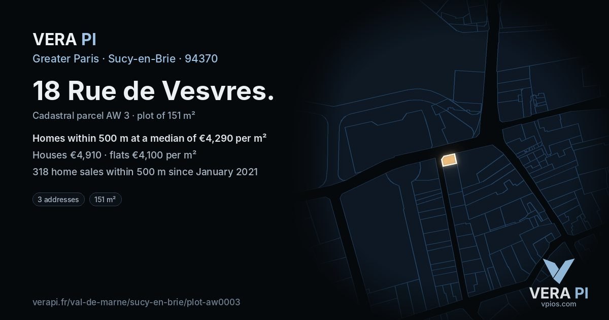 18 Rue de Vesvres, Sucy-en-Brie at night – the plot lit, the parcels around coloured by the prices near them
