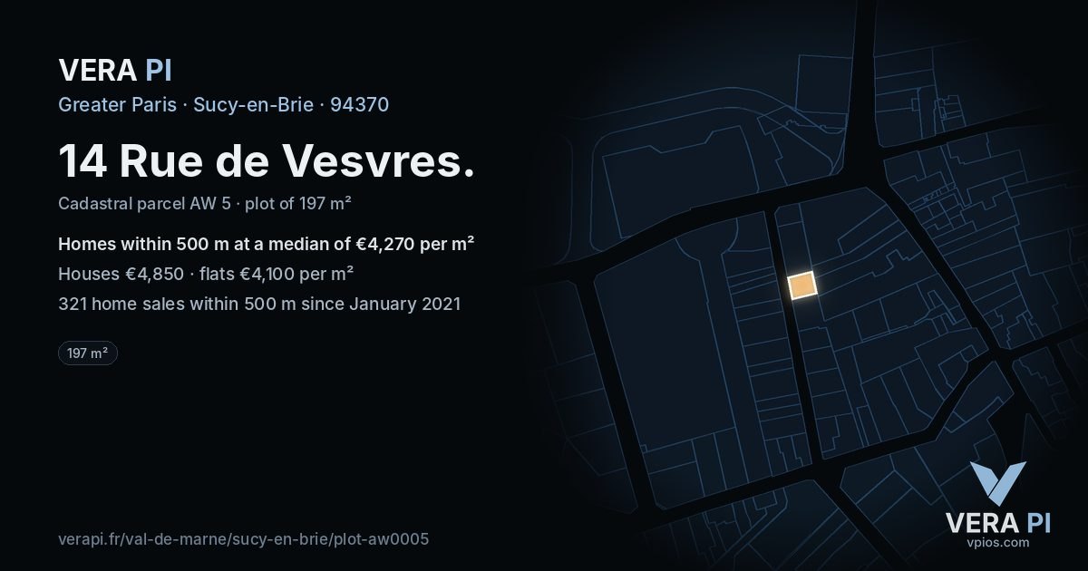 14 Rue de Vesvres, Sucy-en-Brie at night – the plot lit, the parcels around coloured by the prices near them