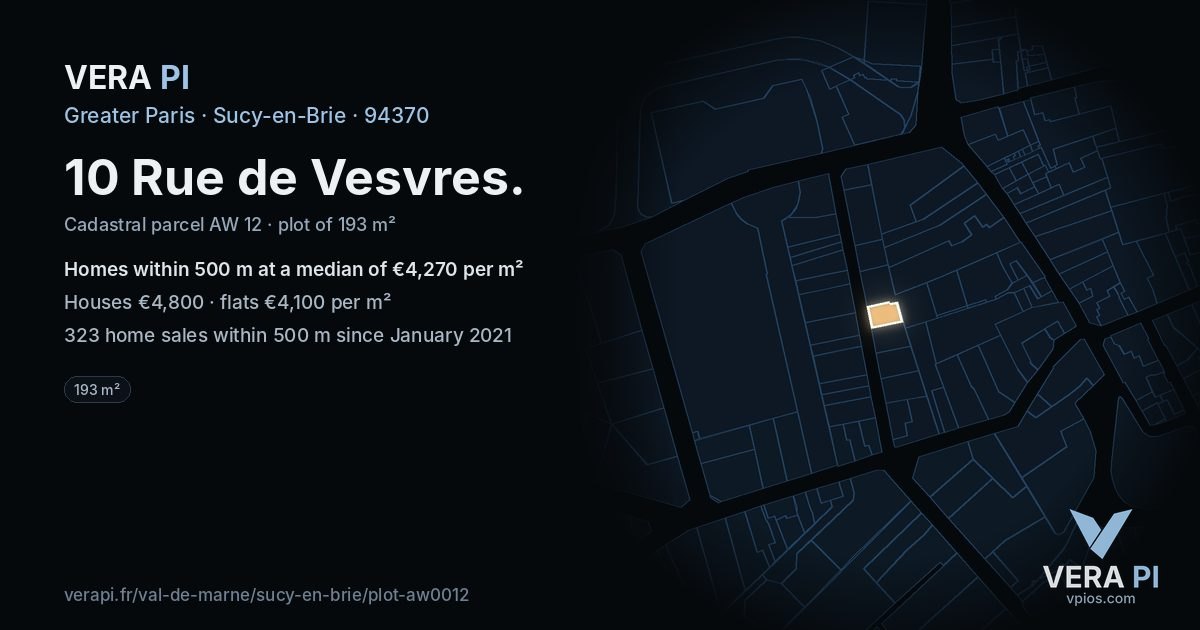 10 Rue de Vesvres, Sucy-en-Brie at night – the plot lit, the parcels around coloured by the prices near them