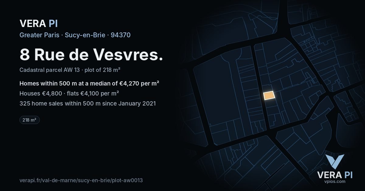 8 Rue de Vesvres, Sucy-en-Brie at night – the plot lit, the parcels around coloured by the prices near them