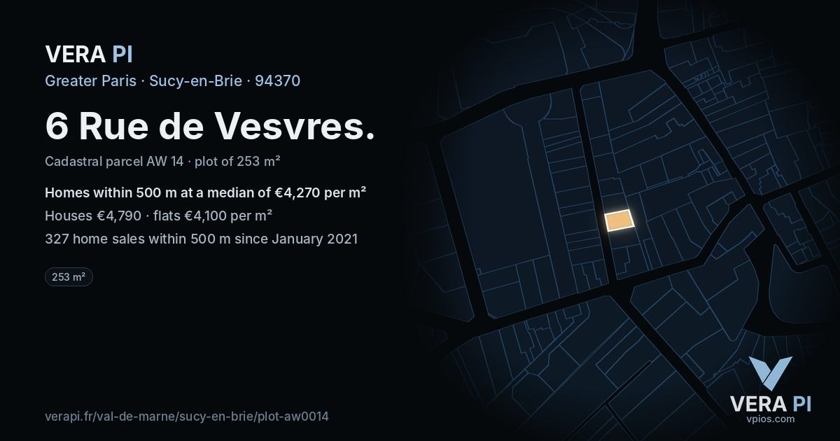 6 Rue de Vesvres, Sucy-en-Brie at night – the plot lit, the parcels around coloured by the prices near them