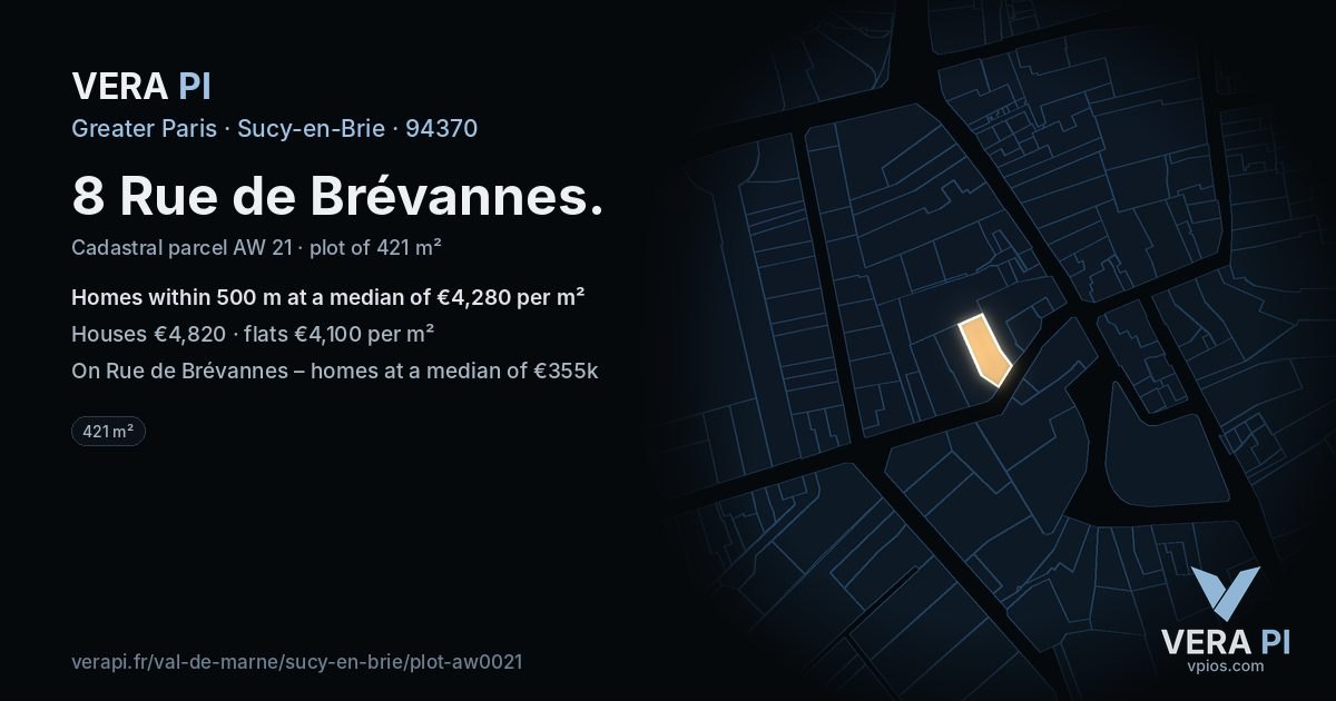 8 Rue de Brévannes, Sucy-en-Brie at night – the plot lit, the parcels around coloured by the prices near them