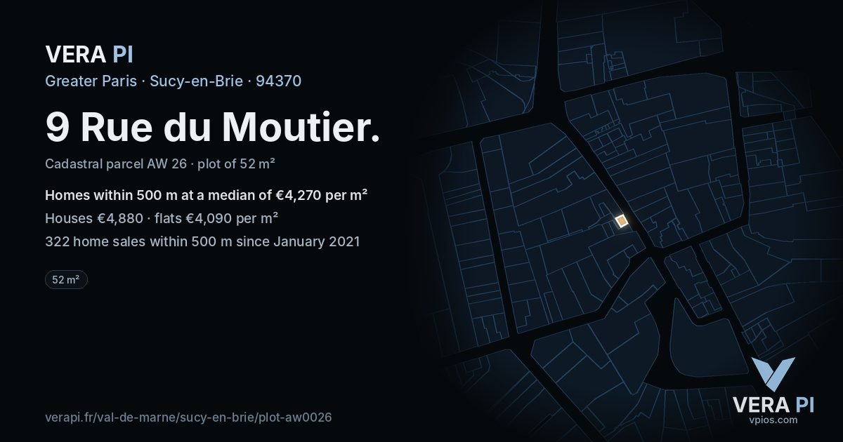 9 Rue du Moutier, Sucy-en-Brie at night – the plot lit, the parcels around coloured by the prices near them
