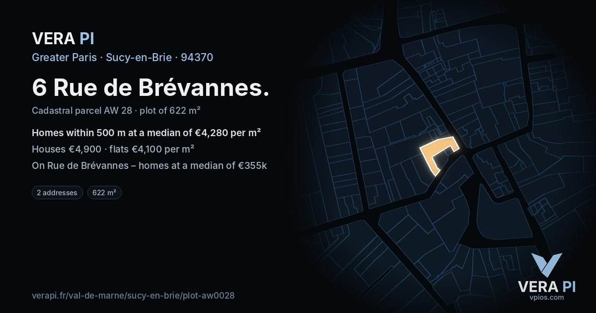 6 Rue de Brévannes, Sucy-en-Brie at night – the plot lit, the parcels around coloured by the prices near them
