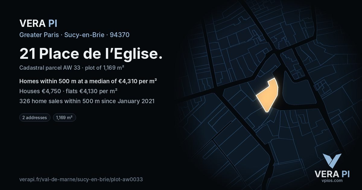 21 Place de l’Eglise, Sucy-en-Brie at night – the plot lit, the parcels around coloured by the prices near them