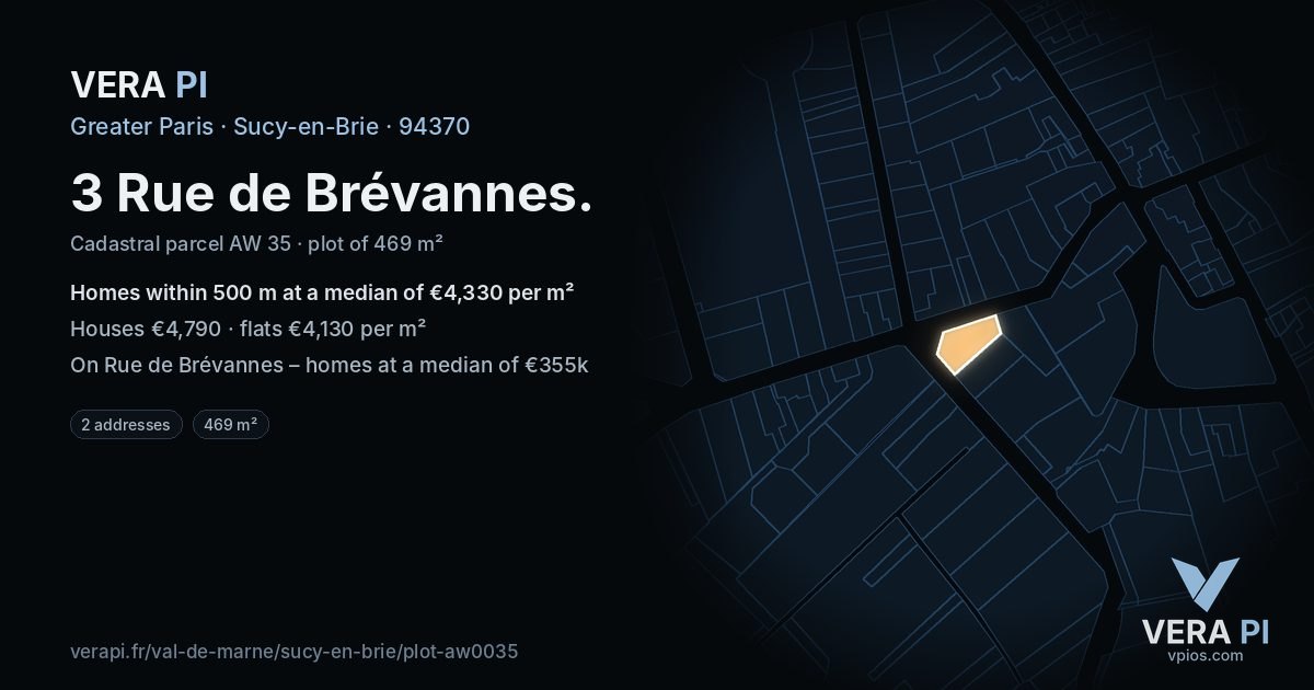 3 Rue de Brévannes, Sucy-en-Brie at night – the plot lit, the parcels around coloured by the prices near them