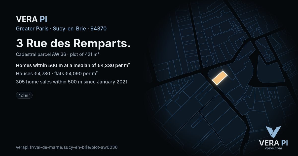 3 Rue des Remparts, Sucy-en-Brie at night – the plot lit, the parcels around coloured by the prices near them