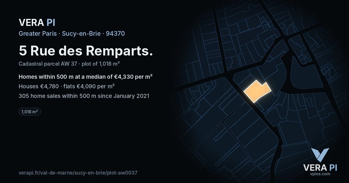 5 Rue des Remparts, Sucy-en-Brie at night – the plot lit, the parcels around coloured by the prices near them