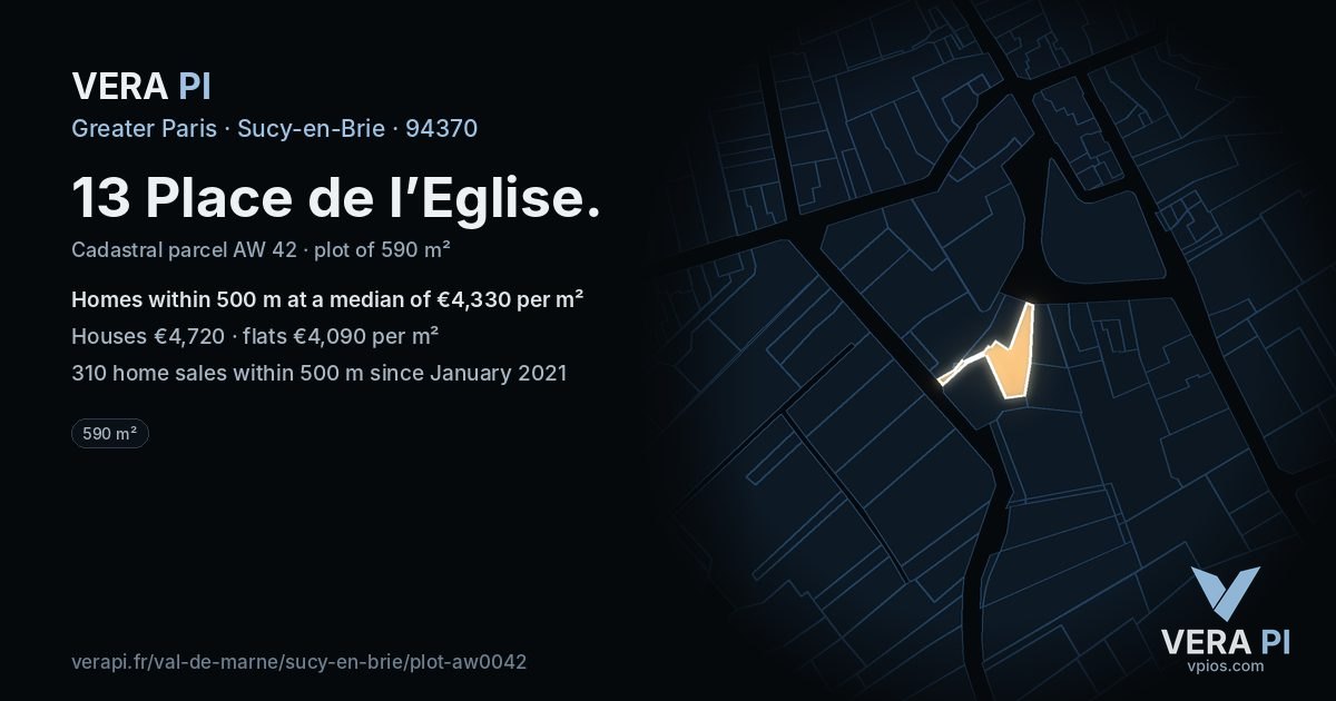 13 Place de l’Eglise, Sucy-en-Brie at night – the plot lit, the parcels around coloured by the prices near them