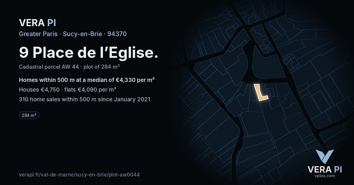 9 Place de l’Eglise, Sucy-en-Brie at night – the plot lit, the parcels around coloured by the prices near them