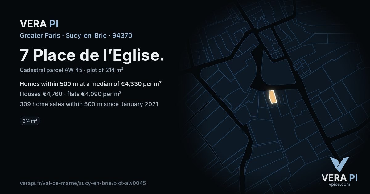 7 Place de l’Eglise, Sucy-en-Brie at night – the plot lit, the parcels around coloured by the prices near them