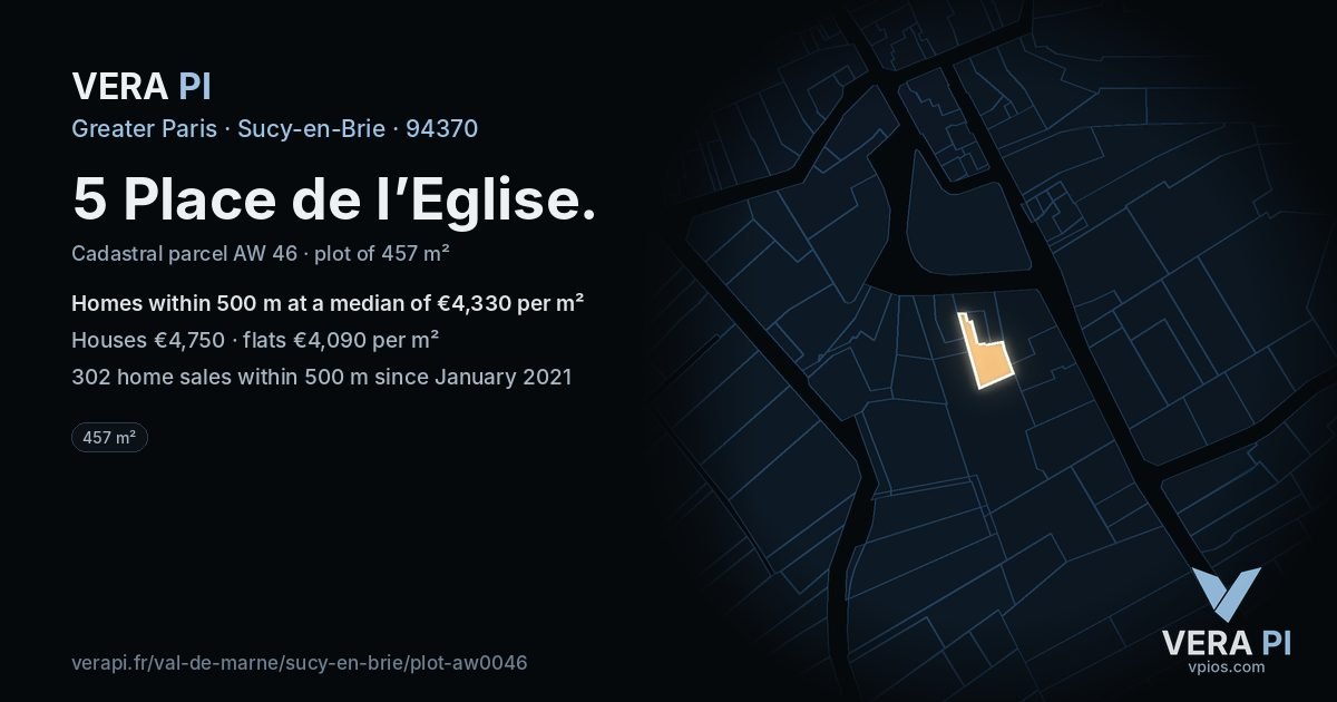 5 Place de l’Eglise, Sucy-en-Brie at night – the plot lit, the parcels around coloured by the prices near them