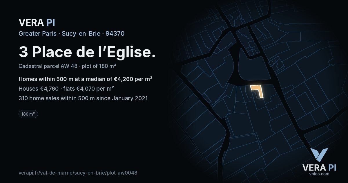 3 Place de l’Eglise, Sucy-en-Brie at night – the plot lit, the parcels around coloured by the prices near them