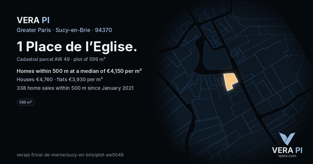 1 Place de l’Eglise, Sucy-en-Brie at night – the plot lit, the parcels around coloured by the prices near them