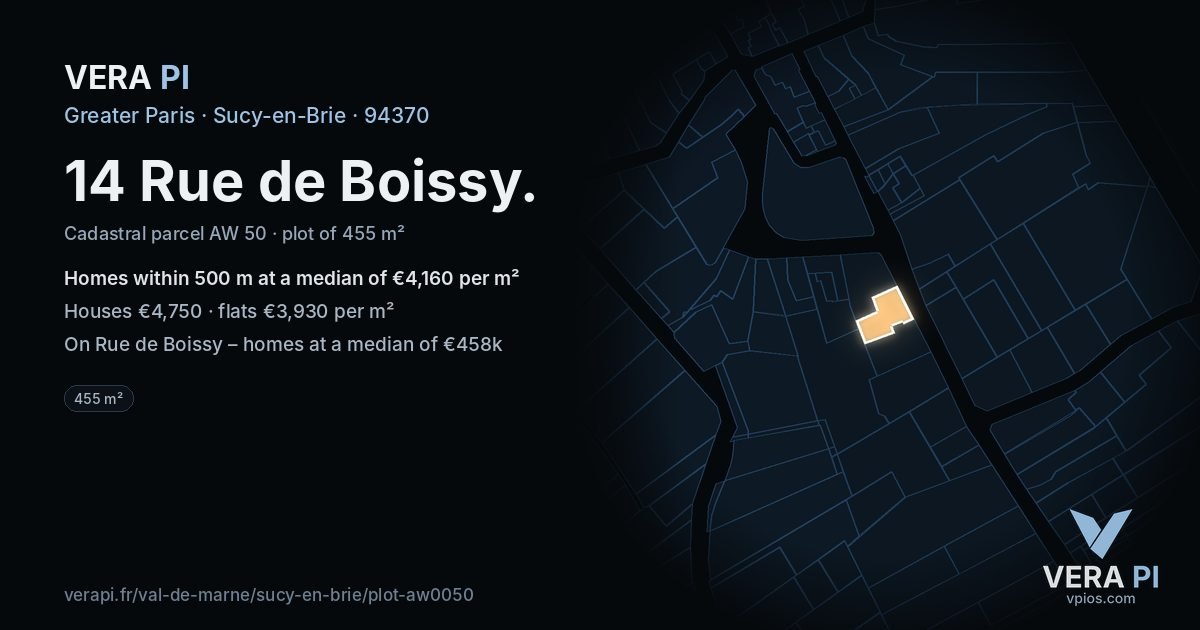 14 Rue de Boissy, Sucy-en-Brie at night – the plot lit, the parcels around coloured by the prices near them