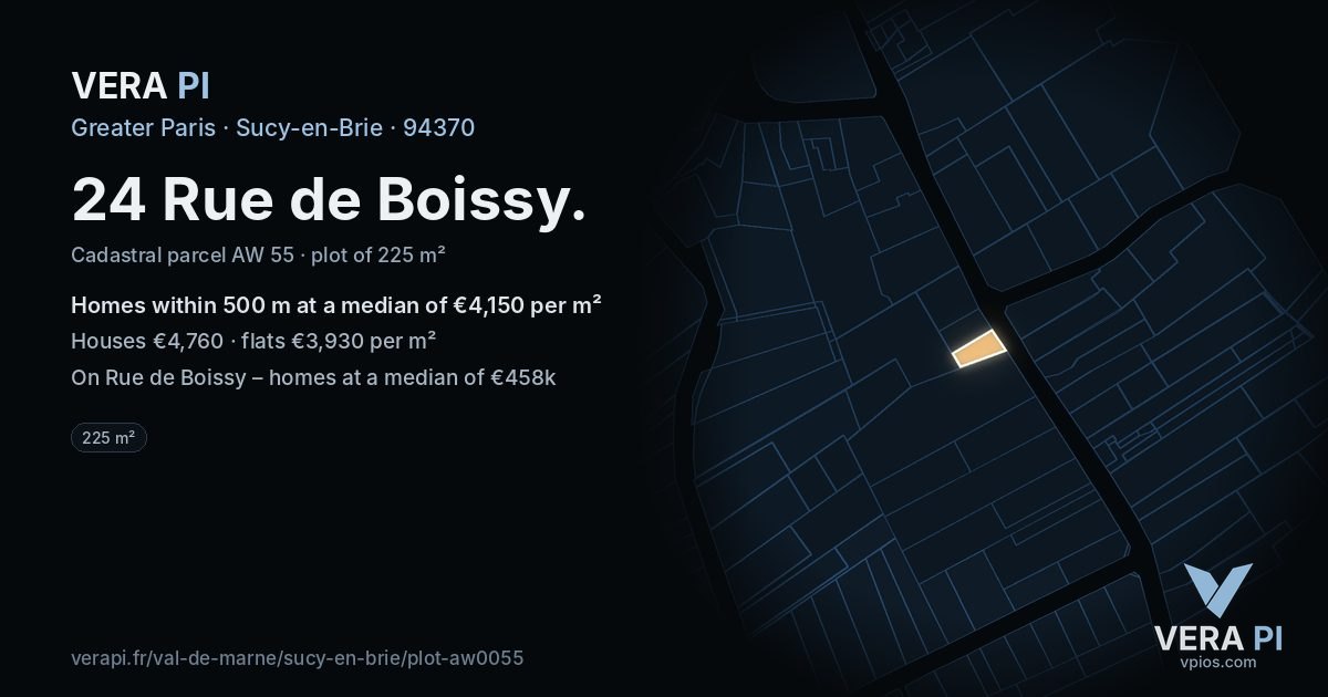 24 Rue de Boissy, Sucy-en-Brie at night – the plot lit, the parcels around coloured by the prices near them