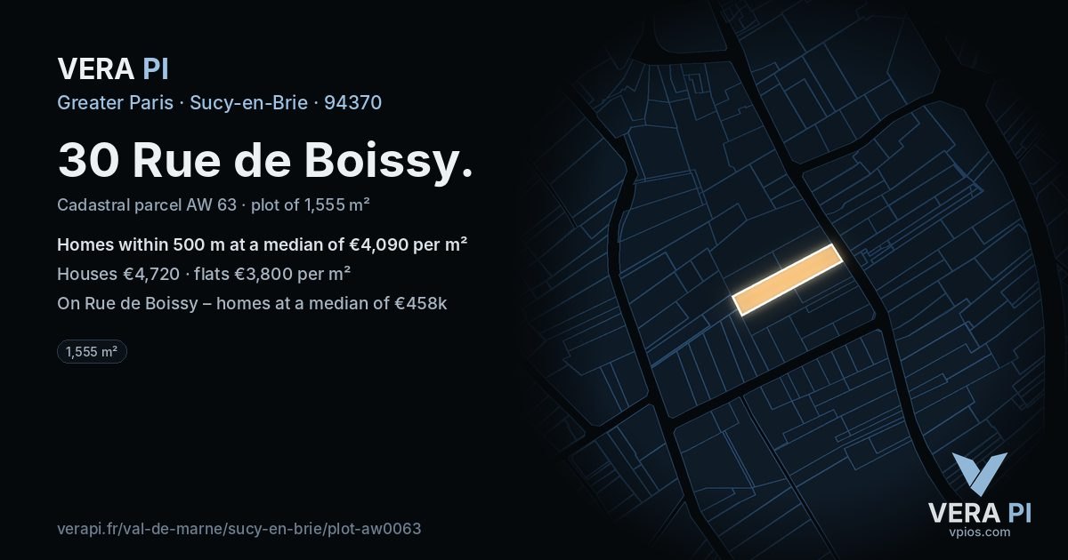 30 Rue de Boissy, Sucy-en-Brie at night – the plot lit, the parcels around coloured by the prices near them