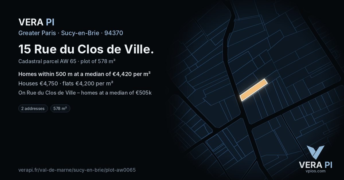 15 Rue du Clos de Ville, Sucy-en-Brie at night – the plot lit, the parcels around coloured by the prices near them