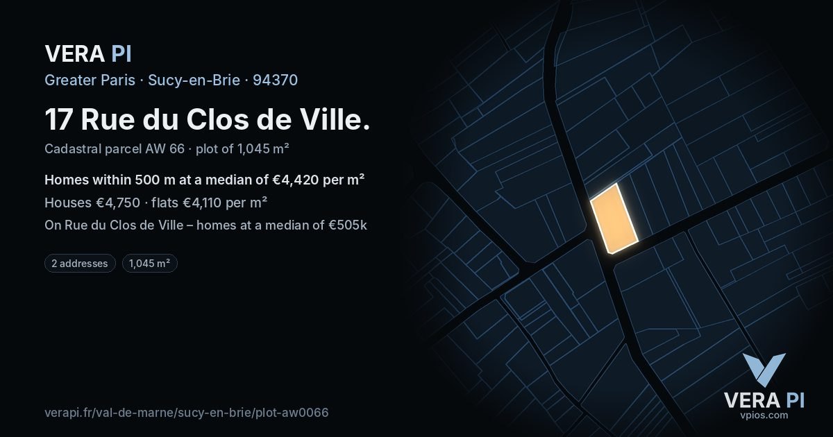 17 Rue du Clos de Ville, Sucy-en-Brie at night – the plot lit, the parcels around coloured by the prices near them