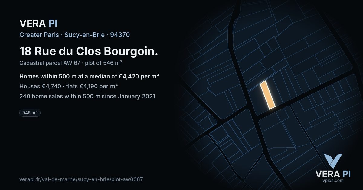 18 Rue du Clos Bourgoin, Sucy-en-Brie at night – the plot lit, the parcels around coloured by the prices near them