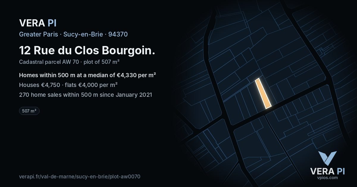12 Rue du Clos Bourgoin, Sucy-en-Brie at night – the plot lit, the parcels around coloured by the prices near them