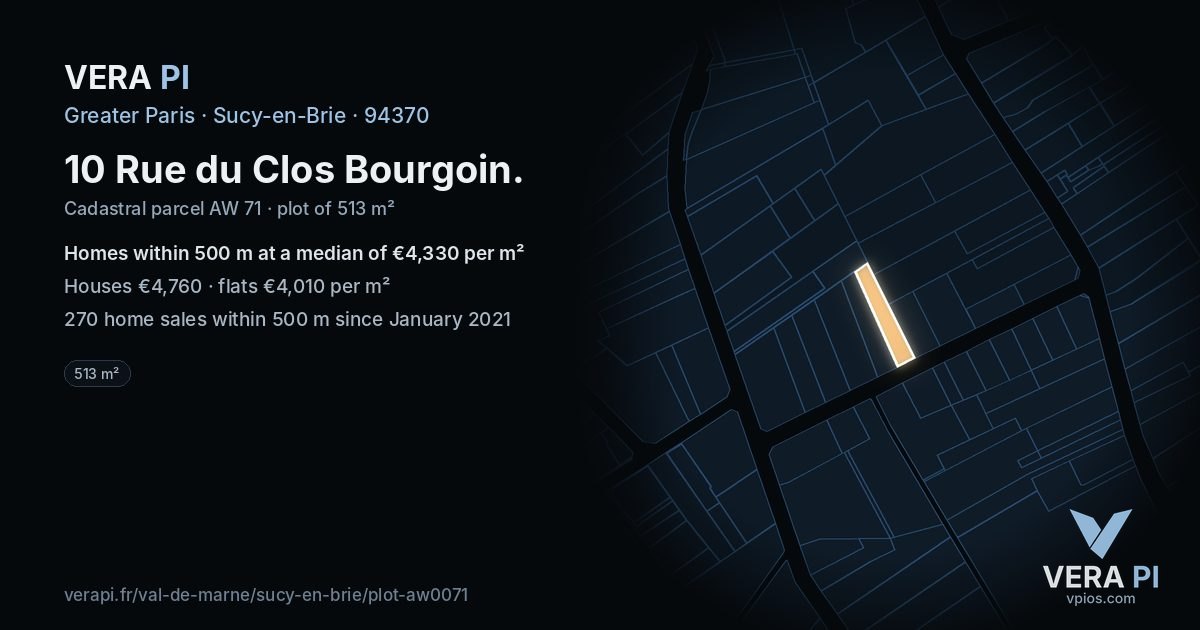 10 Rue du Clos Bourgoin, Sucy-en-Brie at night – the plot lit, the parcels around coloured by the prices near them