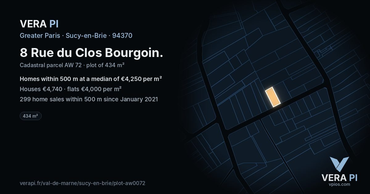 8 Rue du Clos Bourgoin, Sucy-en-Brie at night – the plot lit, the parcels around coloured by the prices near them