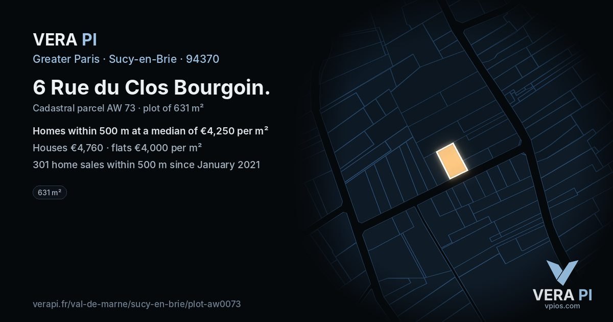 6 Rue du Clos Bourgoin, Sucy-en-Brie at night – the plot lit, the parcels around coloured by the prices near them