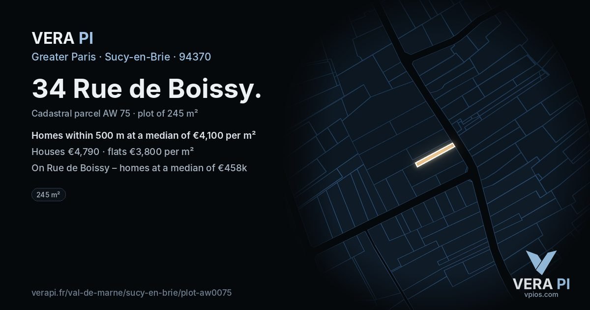 34 Rue de Boissy, Sucy-en-Brie at night – the plot lit, the parcels around coloured by the prices near them