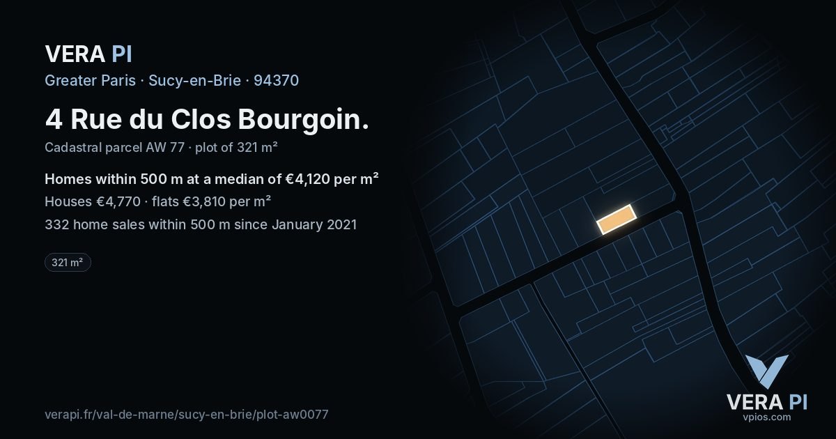 4 Rue du Clos Bourgoin, Sucy-en-Brie at night – the plot lit, the parcels around coloured by the prices near them