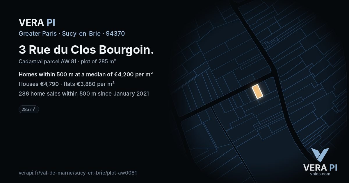 3 Rue du Clos Bourgoin, Sucy-en-Brie at night – the plot lit, the parcels around coloured by the prices near them