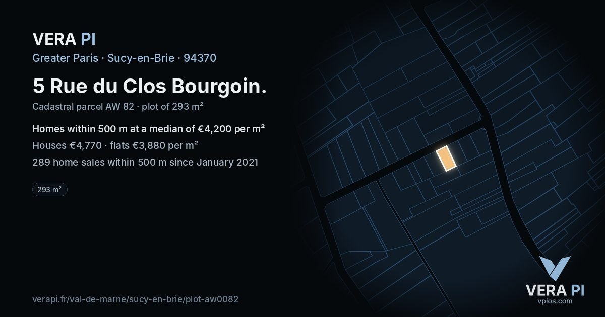 5 Rue du Clos Bourgoin, Sucy-en-Brie at night – the plot lit, the parcels around coloured by the prices near them