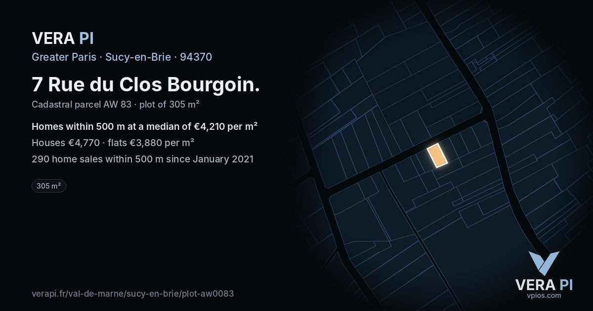7 Rue du Clos Bourgoin, Sucy-en-Brie at night – the plot lit, the parcels around coloured by the prices near them