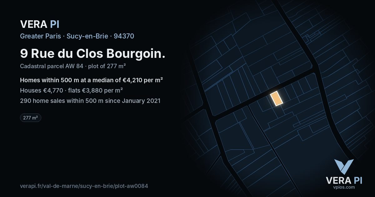 9 Rue du Clos Bourgoin, Sucy-en-Brie at night – the plot lit, the parcels around coloured by the prices near them