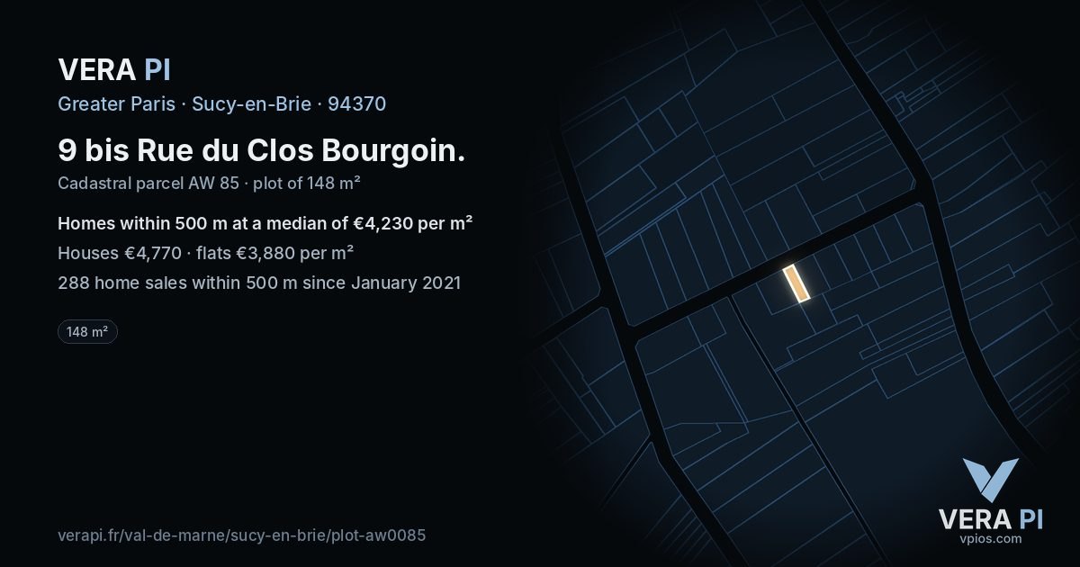9 bis Rue du Clos Bourgoin, Sucy-en-Brie at night – the plot lit, the parcels around coloured by the prices near them