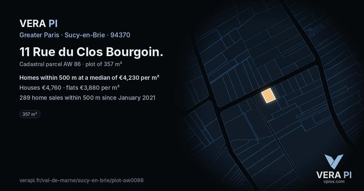 11 Rue du Clos Bourgoin, Sucy-en-Brie at night – the plot lit, the parcels around coloured by the prices near them