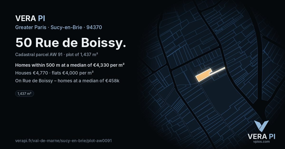 50 Rue de Boissy, Sucy-en-Brie at night – the plot lit, the parcels around coloured by the prices near them